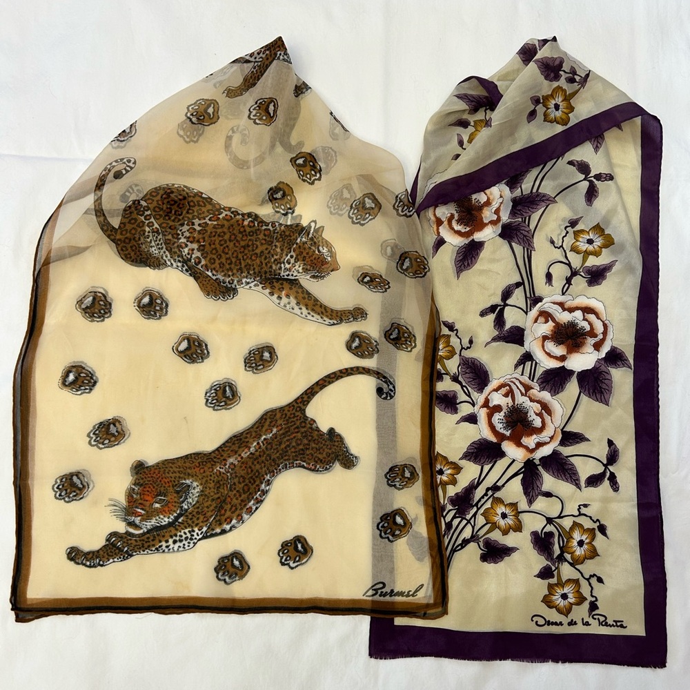 2 Vintage Hand Rolled Scarfs Brumel Leopard Oscar de la Renta Floral 100% Silk
